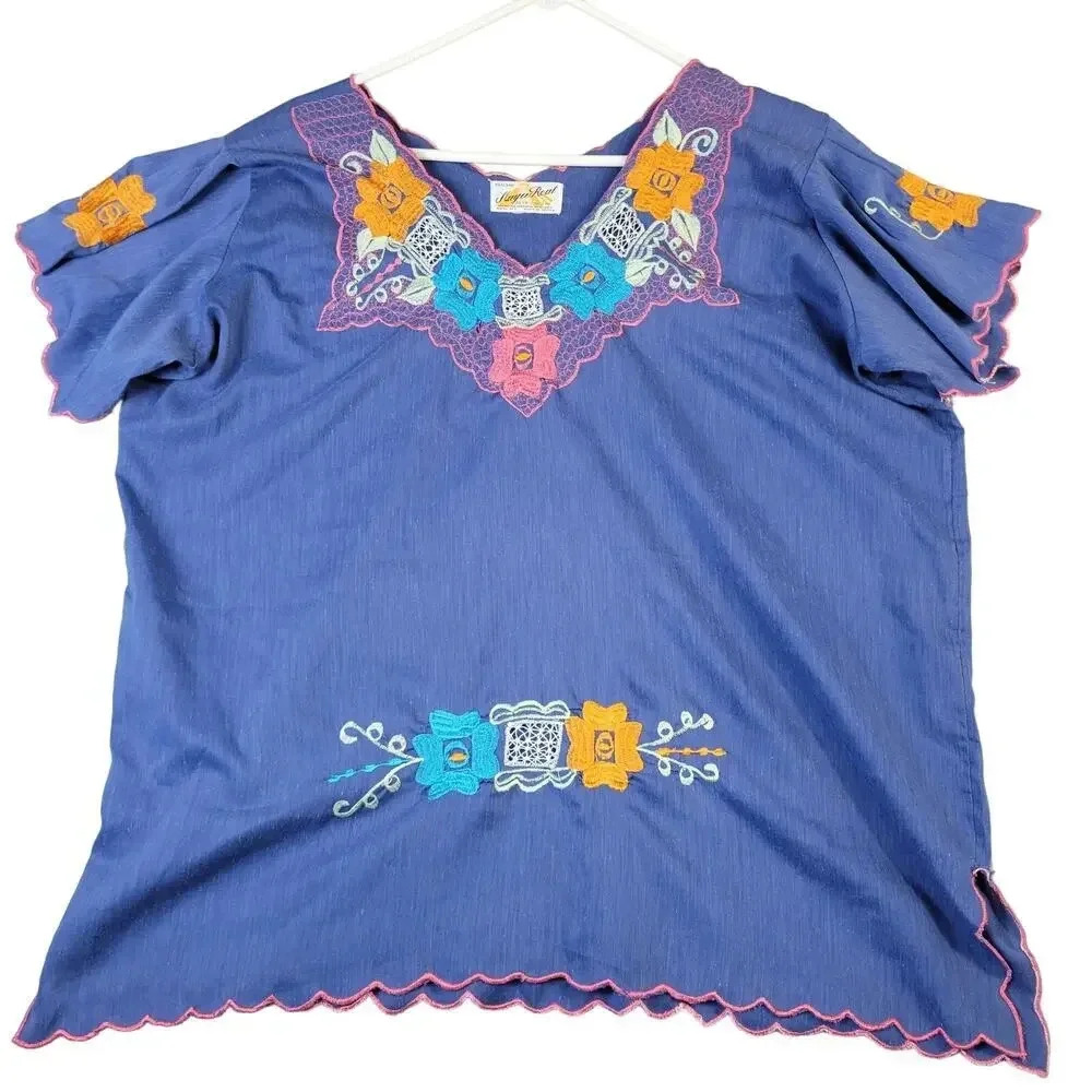 Vintage‎ 60s 70s Top Women's 3XL Embroidered Floral Hippie Hipster Flower Child